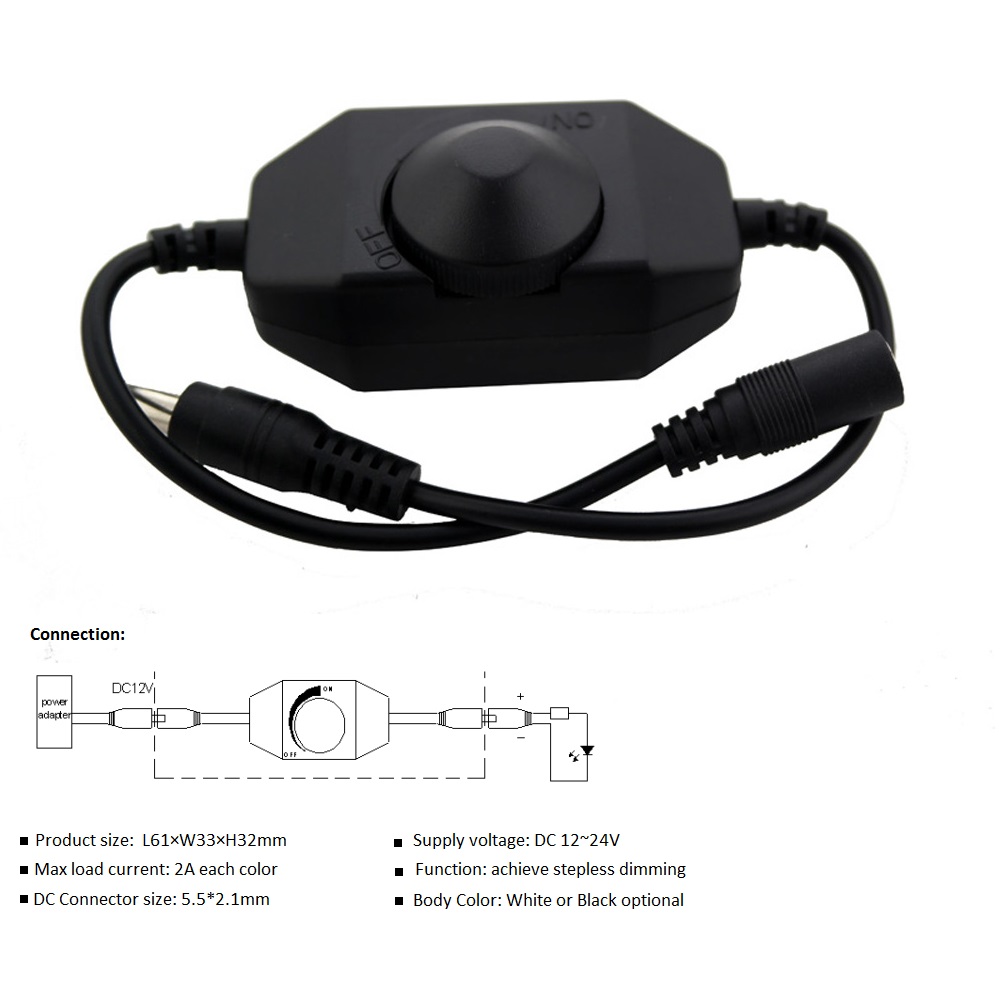 DC 12 V LED-Dimmer, 2 A, 24 W, Knopf, LED-Dimmer, Helligkeit, Dimmschalter, EIN/AUS, für einfarbige 2835 5050 COB-LED-Streifen