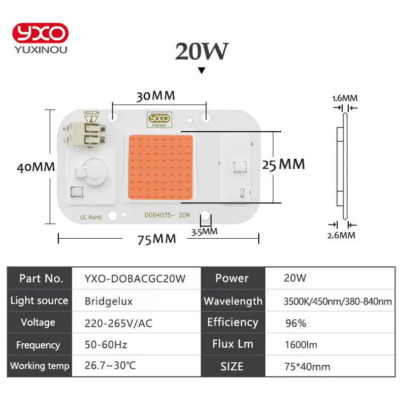 Hydroponice DOB AC LED COB Chip Cho Phát Triển Vật Có Ánh Sáng Suốt AC 220 V 20 W 30 W 50 W Cho Trong Nhà Vật Có Cây Con Phát Triển Hoa