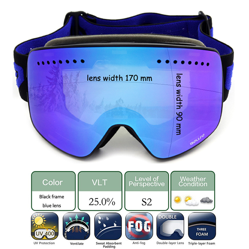 Bollofo-磁気スキーゴーグル,ダブルレンズ,登山用,uv400,防曇,男性と女性用,スノーモービル