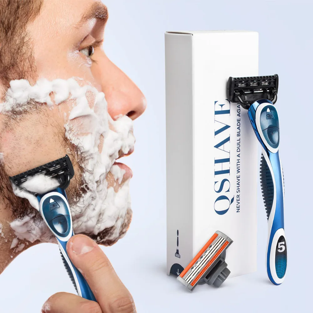 QShave-maquinilla de afeitar azul para hombre, 10 cartuchos y 1 Mango, 5 cuchillas X3, 5 cuchillas X5, 1 mango
