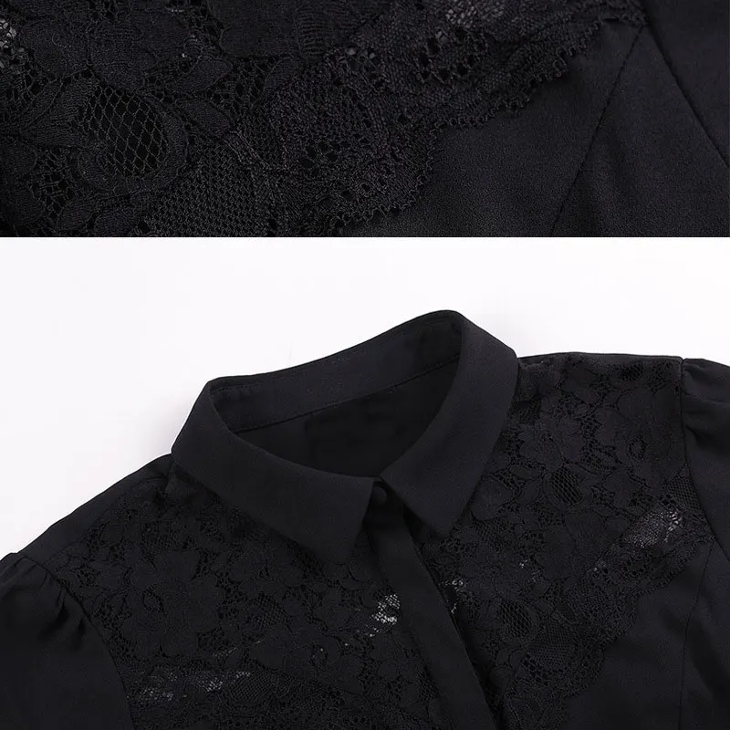 ใหม่ผู้หญิงเสื้อ SLIM FIT Turn-Down แฟชั่นลูกไม้ Patchwork ออกแบบสามสีดำ SY0287 S-XL