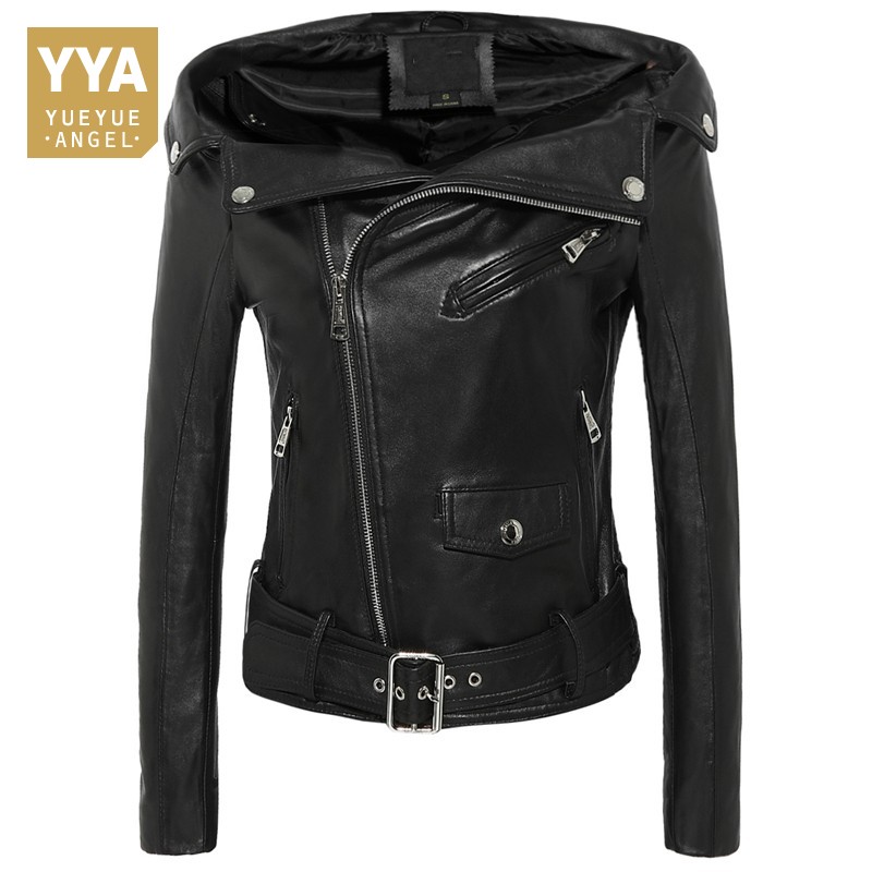 ฤดูใบไม้ผลิใหม่ผู้หญิงเซ็กซี่ปิดไหล่สั้น Sheepskin ของแท้หนัง SLIM FIT Punk Coat รถจักรยานยนต์จริงหนังแจ็คเก็ต 2XL