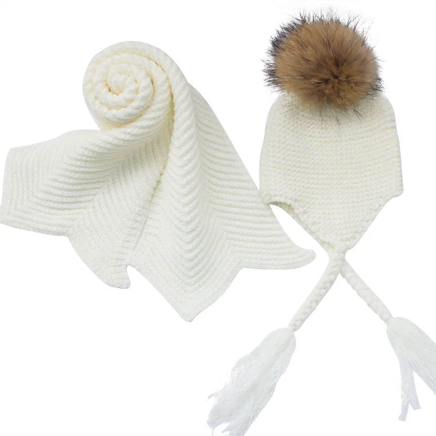 Conjunto de gorro y bufanda de punto para niños, gorros y bufandas de ganchillo cálidas de invierno de lujo con pompón de piel Real, gorro, bufanda para niños y niñas