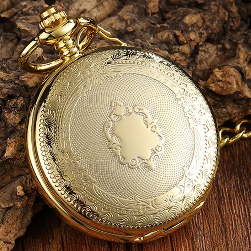 Reloj de bolsillo mecánico con patrón de ciervo dorado para hombre y mujer, pulsera Vintage de doble cara Steampunk Fob, cadena de reloj