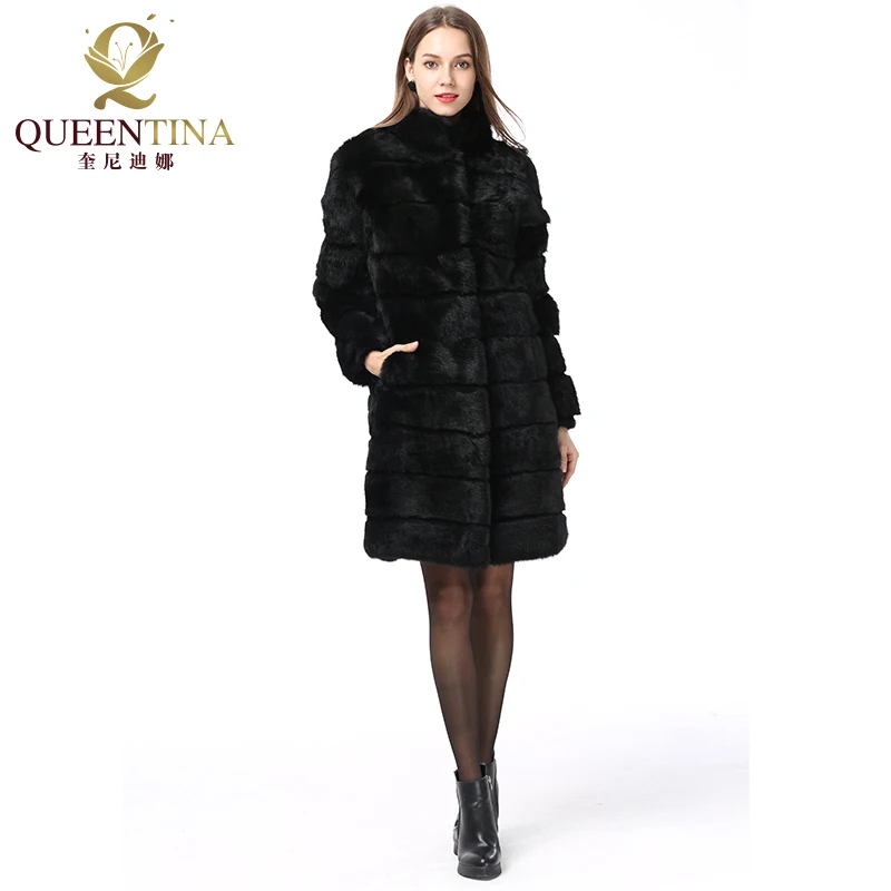 Thật Thỏ Áo Khoác Lông Thú Mới Trong Outerwears Mùa Đông 2022 Cổ Áo Đứng Dày Mềm Mại Ấm Quần Áo Nữ Full Bóp Dài Tự Nhiên áo Khoác Nỉ