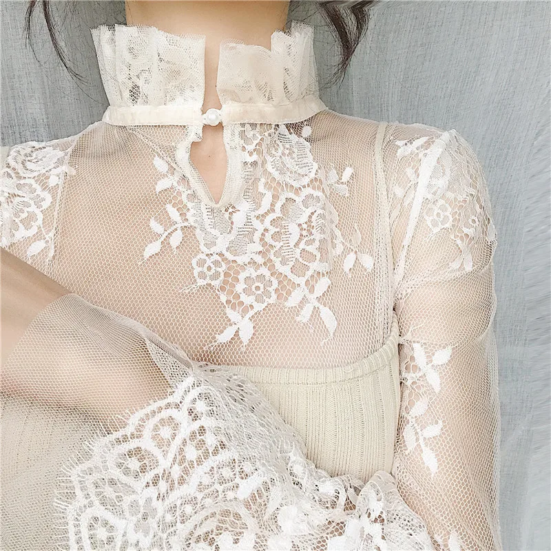 Gowyimmes 봄 사랑스러운 소녀 꽃 레이스 셔츠, 섹시한 여성 할로우 아웃 메쉬 블라우스, 레이디 긴 소매 블라우스, 기본 상의 풀오버 228