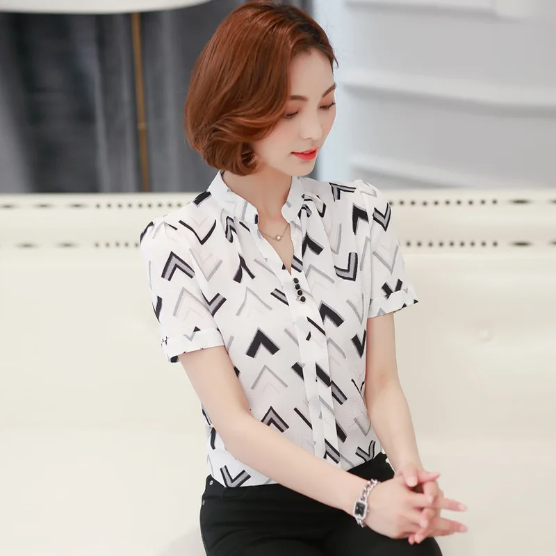 半袖シフォンブラウス女性の夏の V-襟ゆるいおしゃれなプリントボトムシャツオフィスレディースワークトップ服 h9023