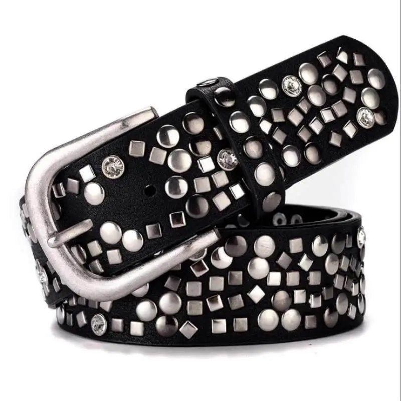 BOKADIAO Thắt lưng nữ Punk Pin khóa Vintage hình học Đinh Tán nữ sang trọng ban đầu của thắt lưng da cho người phụ nữ dây thắt lưng nữ dây