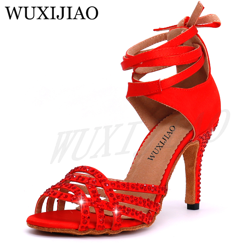WUXIJIAO Damen-Latin-Tanzschuhe mit roten Satin-Strass-Stil, High Heels, Salsa-Tanzschuhe, Absatz 10 cm