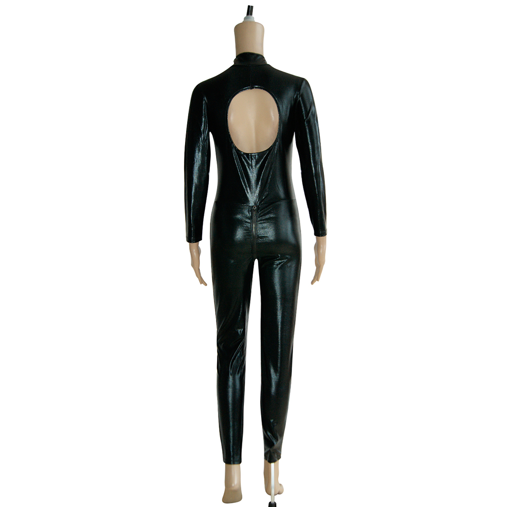 เซ็กซี่ PVC Latex Catsuit สีดำเปิดหน้าอก Wetlook บอดี้สูท Jumpsuit Exotic Leotard Overalls Night Clubwear Pole Dance เครื่องแต่งกาย