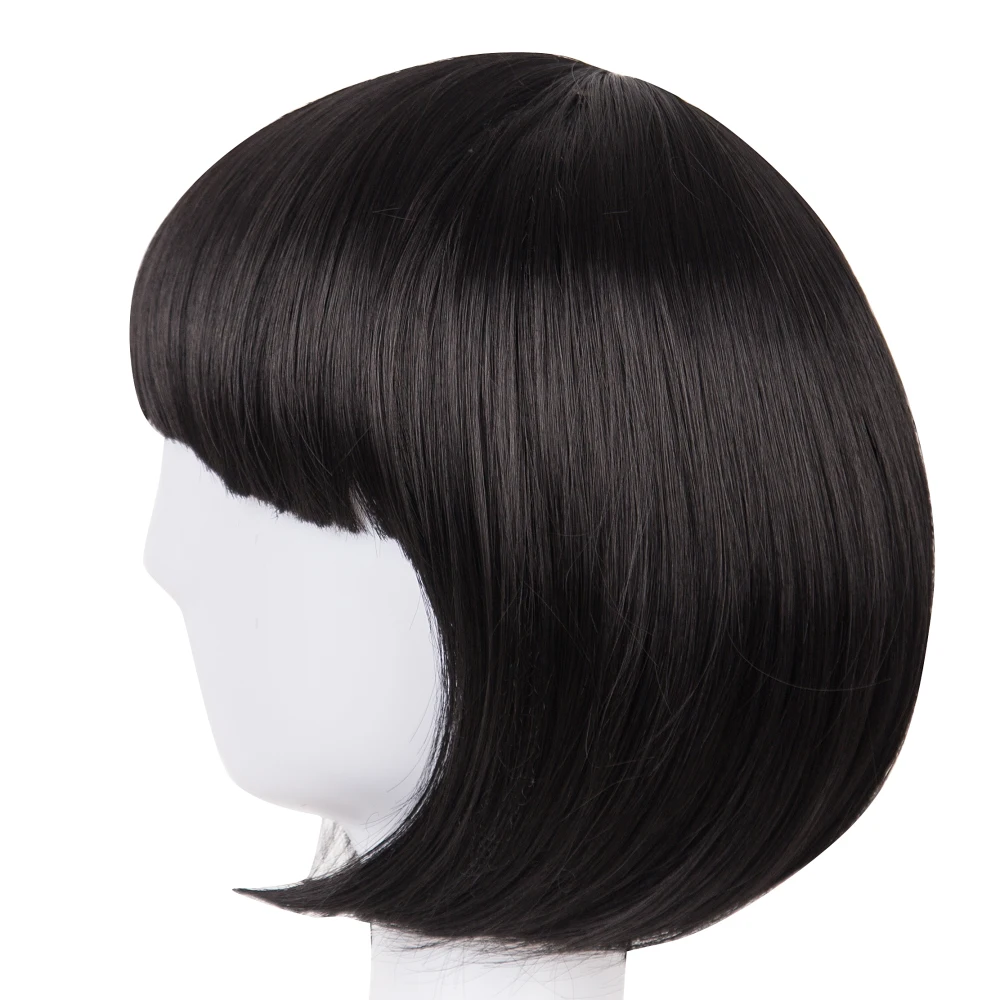 Tóc ngắn Fei-Show Tổng Hợp Nhiệt Sợi Kháng Đen Bob Wig Với Flat Bangs Hiện Đại Cho Thấy Cosplay Lễ Hội Halloween tóc giả
