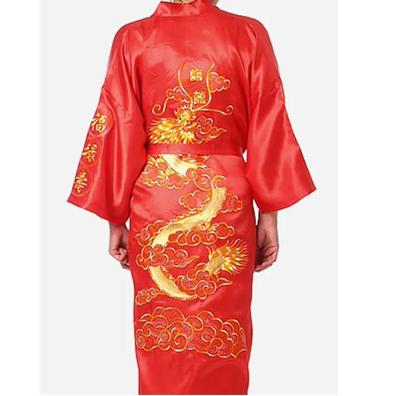 ネイビーブルー中国メンズサテンシルクローブ刺繍着物バスガウンドラゴンサイズ SML XL XXL XXXL S0008