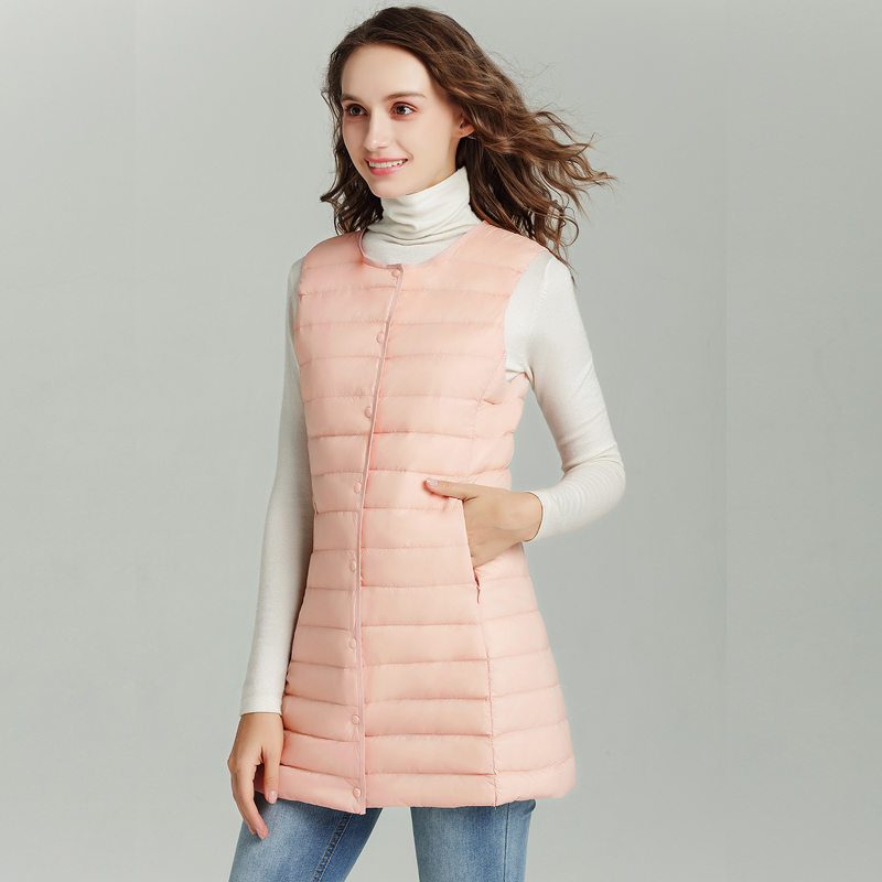 ฤดูใบไม้ผลิใหม่ผู้หญิงยาวเสื้อกั๊ก Slim Sweet เสื้อกั๊ก Ultra Light Down เสื้อกั๊กเสื้อแขนกุดเสื้อกั๊กยาว