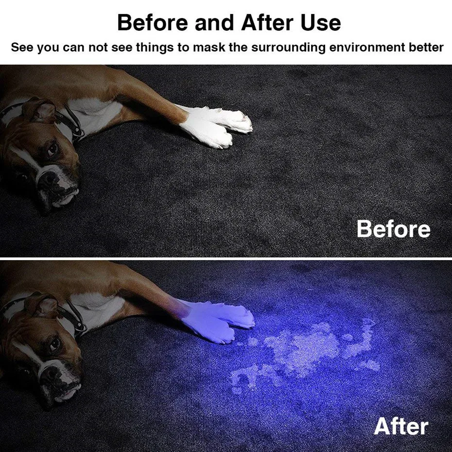 Linterna LED UV, antorcha ultravioleta con función de Zoom, Mini luz negra UV, Detector de manchas de orina para mascotas, caza de escorpiones