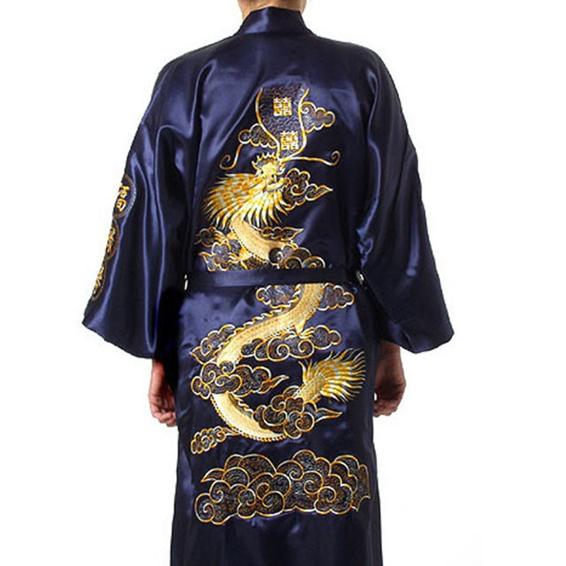Bata de seda satinada china azul marino para hombre, Kimono bordado, bata de baño, dragón, talla S M L XL XXL XXXL S0008