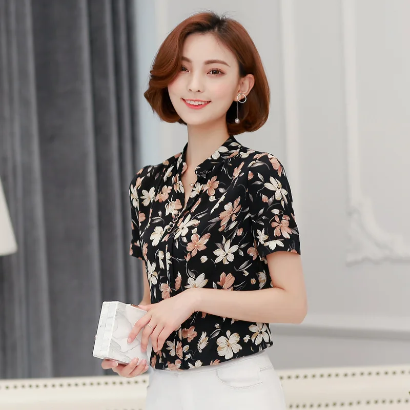 半袖シフォンブラウス女性の夏の V-襟ゆるいおしゃれなプリントボトムシャツオフィスレディースワークトップ服 h9023