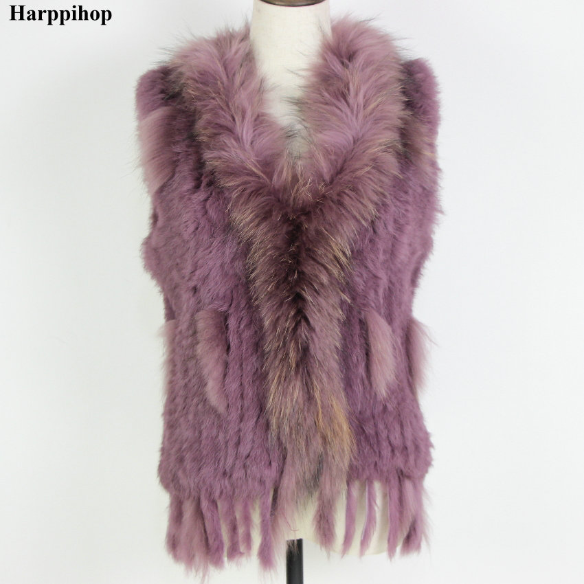 Harppihop Free shipping womens natural real rabbit fur vest with raccoon fur collar waistcoat/jackets rex rabbit knitted winte