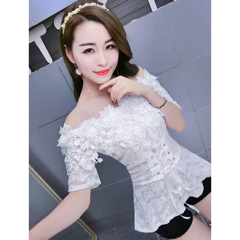 2018 Phụ Nữ Mùa Xuân Mùa Hè Áo Sơ Mi Ngọt Ngào Tie Hoa Ren Áo Lady Short Sleeve Slash Cổ Backles Áo Cánh Ngắn Blusas Ngọn AB831