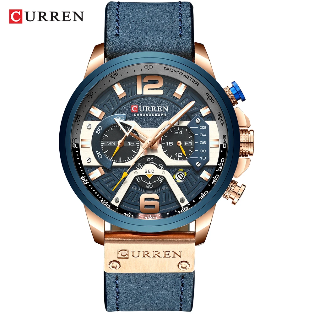 CURREN Reloj Analógico de Cuero para Hombre, Cronógrafo, Accesorio de Pulsera, Resistente al Agua, Complemento Masculino, Deportivo, Marca de Lujo, Diseño Moderno, Color Azul, 2021