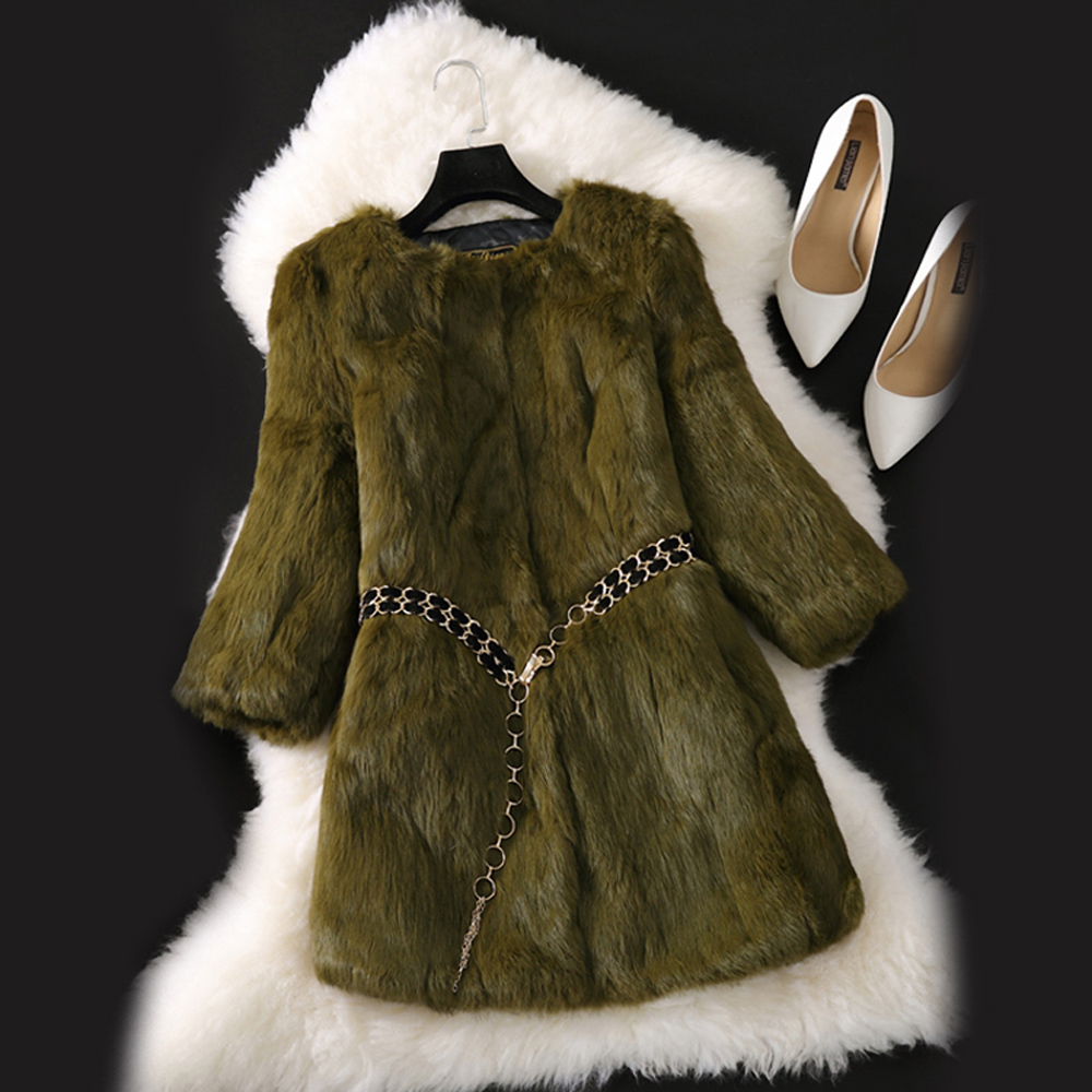 New Natural Real Rabbit Fur Long Coat Winter Real Rabbit Fur Jacket Korean Female Three Quarter Sleeve Soft Real Fur Coats