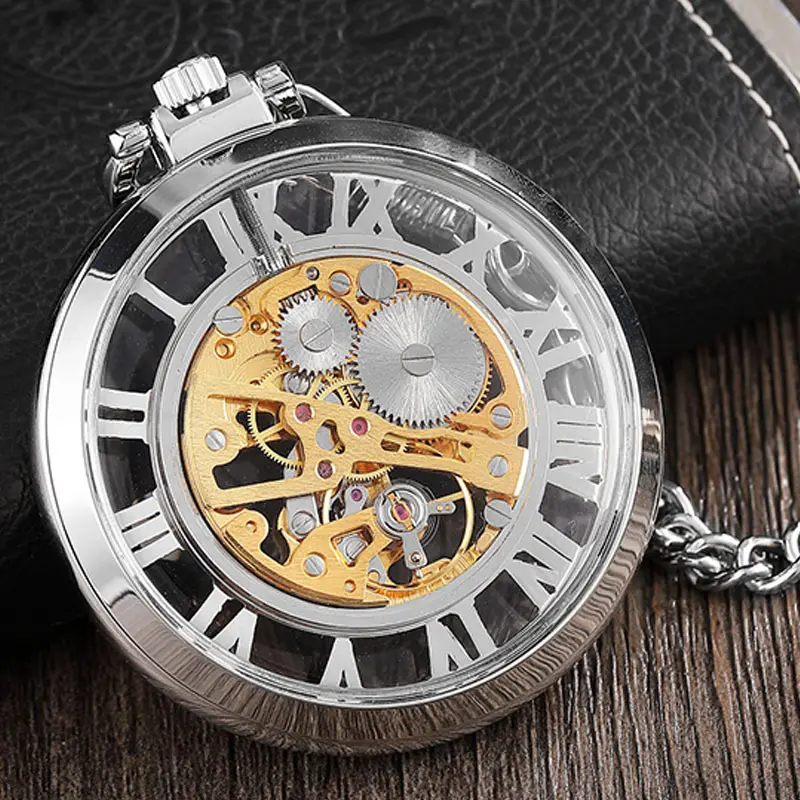 Reloj de bolsillo mecánico transparente de plata Retro con números romanos grandes, collar Steampunk, reloj Vintage con cuerda manual para hombres
