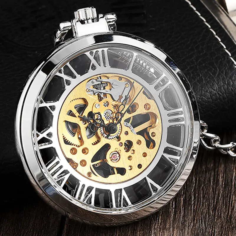 Reloj de bolsillo mecánico transparente de plata Retro con números romanos grandes, collar Steampunk, reloj Vintage con cuerda manual para hombres