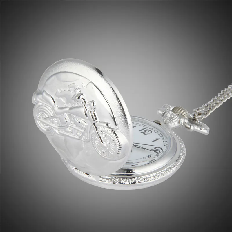 Neue Silber Farbe Taschenuhr Motorräder Muster Relogio De Bolso Quarz Uhr mit Halskette Quarz Uhr masculino relogio
