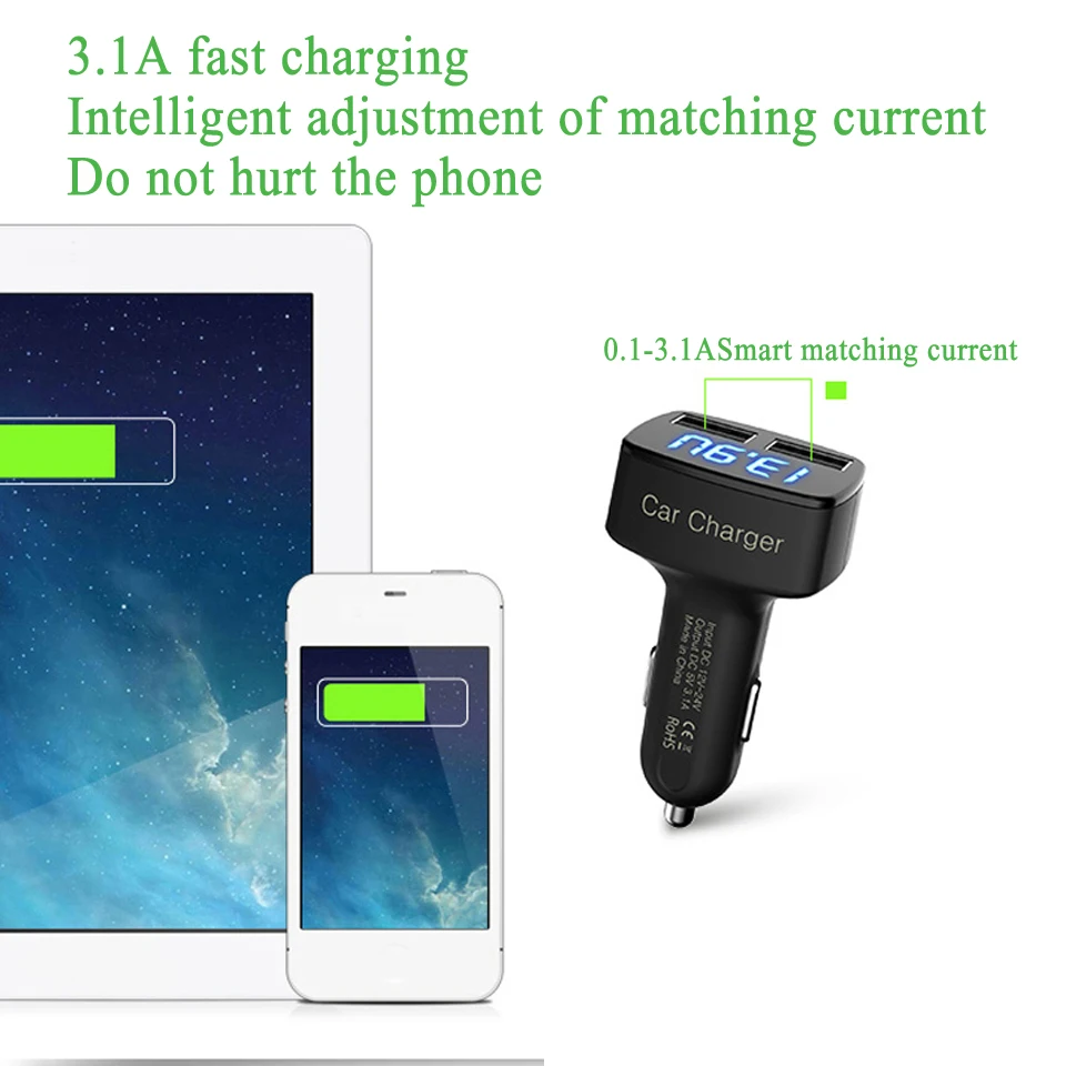 4 1 車の充電器急速充電 3.1A デュアル USB LCD ディスプレイ温度/電圧/電流メーターテスターアダプターデジタルディスプレイ付き