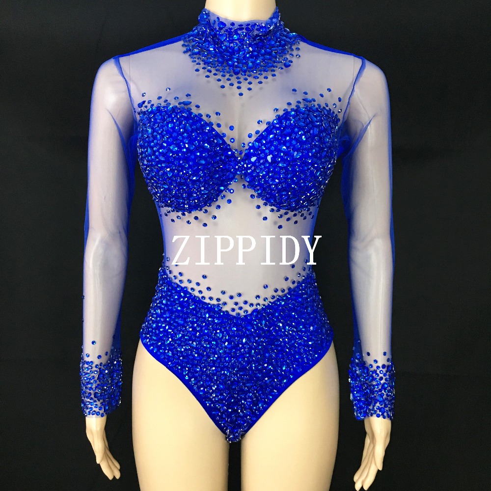 Body Sexy de malla transparente para mujer, traje de fiesta de cumpleaños, mamelucos de diamantes de imitación, traje de baile de equipo de cantante, rosa, blanco, azul