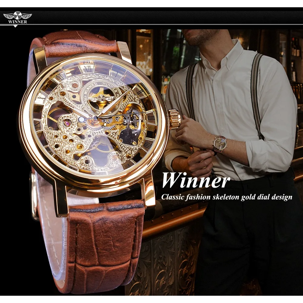 ผู้ชนะโปร่งใสแฟชั่นหรูหรา Casual Design สายหนัง Mens นาฬิกาแบรนด์หรู Mechanical Skeleton นาฬิกา