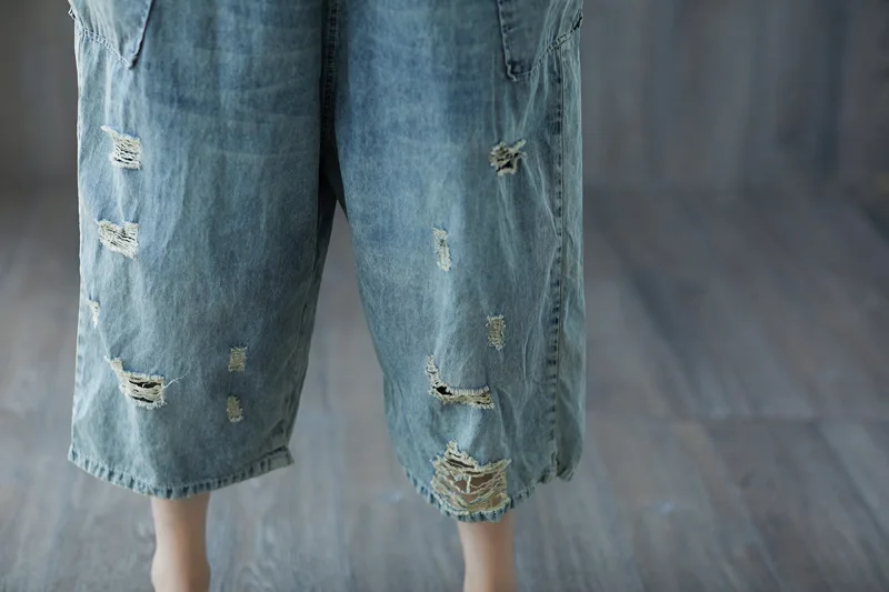 Phụ Nữ Mỏng Bộ Áo Liền Quần 2018 Tẩy Trắng Rách Ống Rộng Yếm Denim Áo Liền Quần Size Lớn Thả Đáy Quần Rompers Bắp Chân-Chiều Dài quần YT611