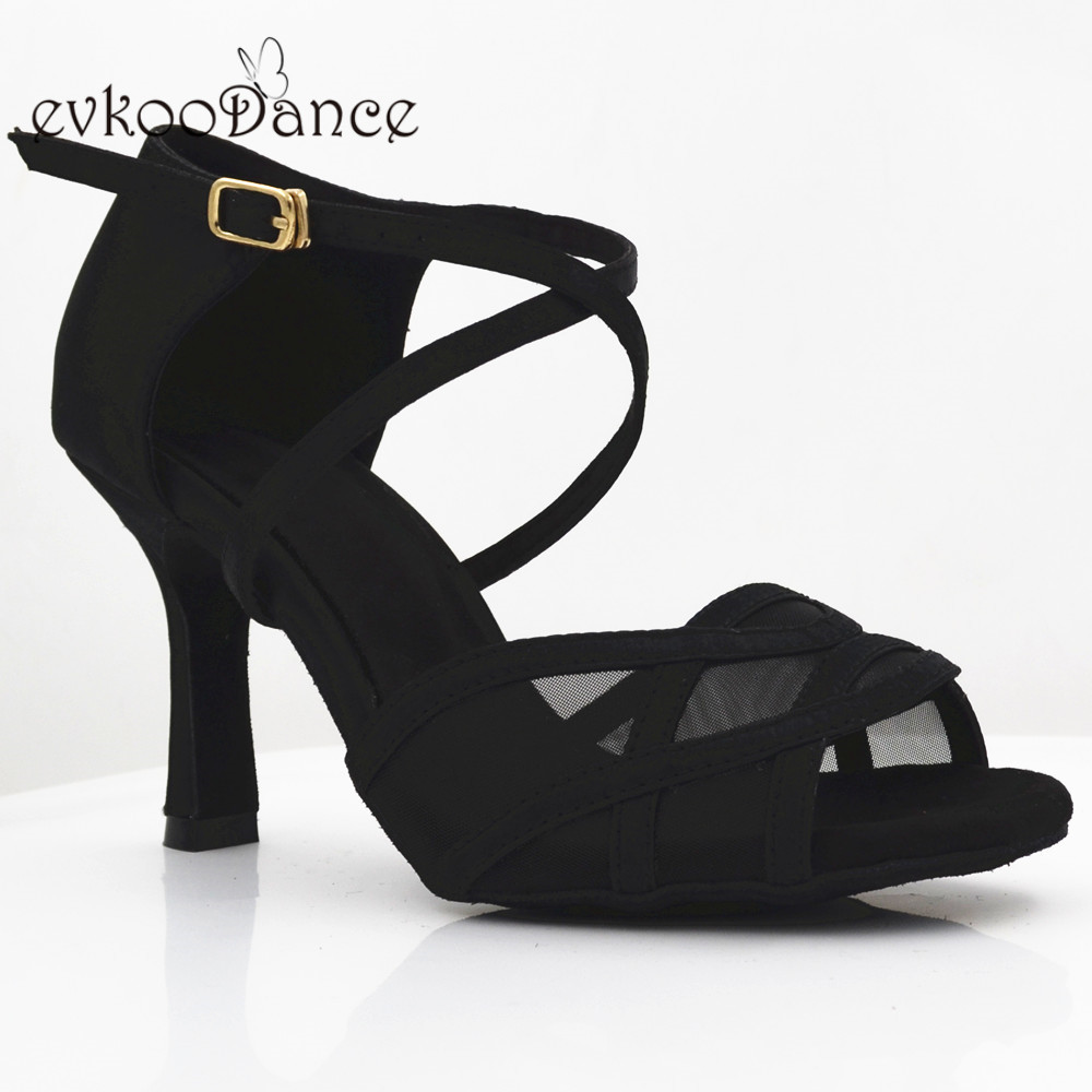 Evkoodance 8,3 cm Absatzhöhe Bequemer schwarzer Satin mit Mesh Zapatos De Baile Latein-Schuhe für Damen Evkoo-526