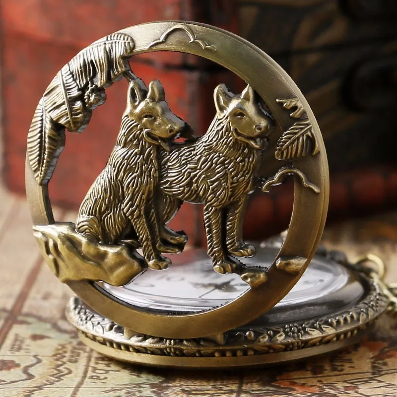 Orologio da taschino Fob al quarzo cavo classico vintage in bronzo con cane lupo con collana a catena, orologio con ciondolo fresco, regalo per donne e uomini
