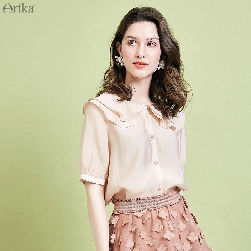 ARTKA-Blusa holgada de gasa con manga farol para verano, camisa con cuello doble con volantes, Estilo Vintage elegante, SA11298X, 2019