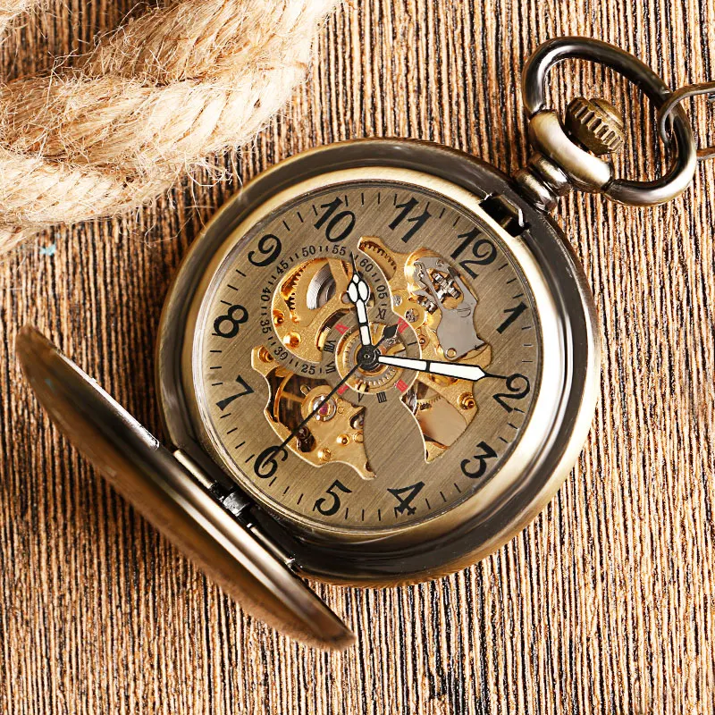 Selbstaufziehende Taschenuhr, Kupfer, modisch, Bronze-Anhänger, glatt, Retro-Skelett, Unisex, automatisch, mechanisch, stilvoll, Thanksgiving-Geschenk