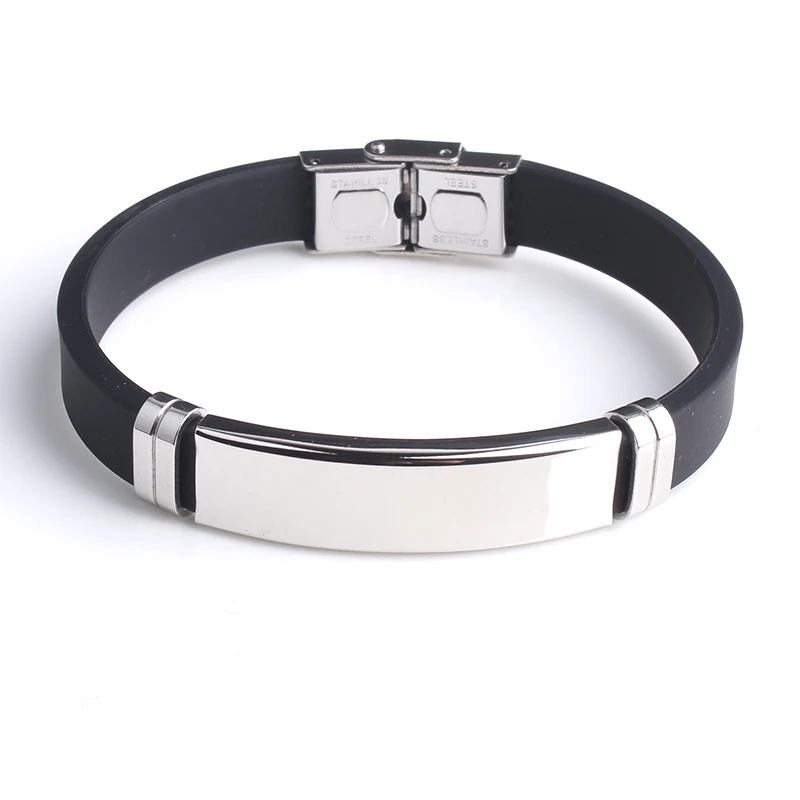 Pulsera con nombre personalizado y logotipo grabado a la moda, pulseras de silicona suave de acero inoxidable para hombres, joyería de personalidad