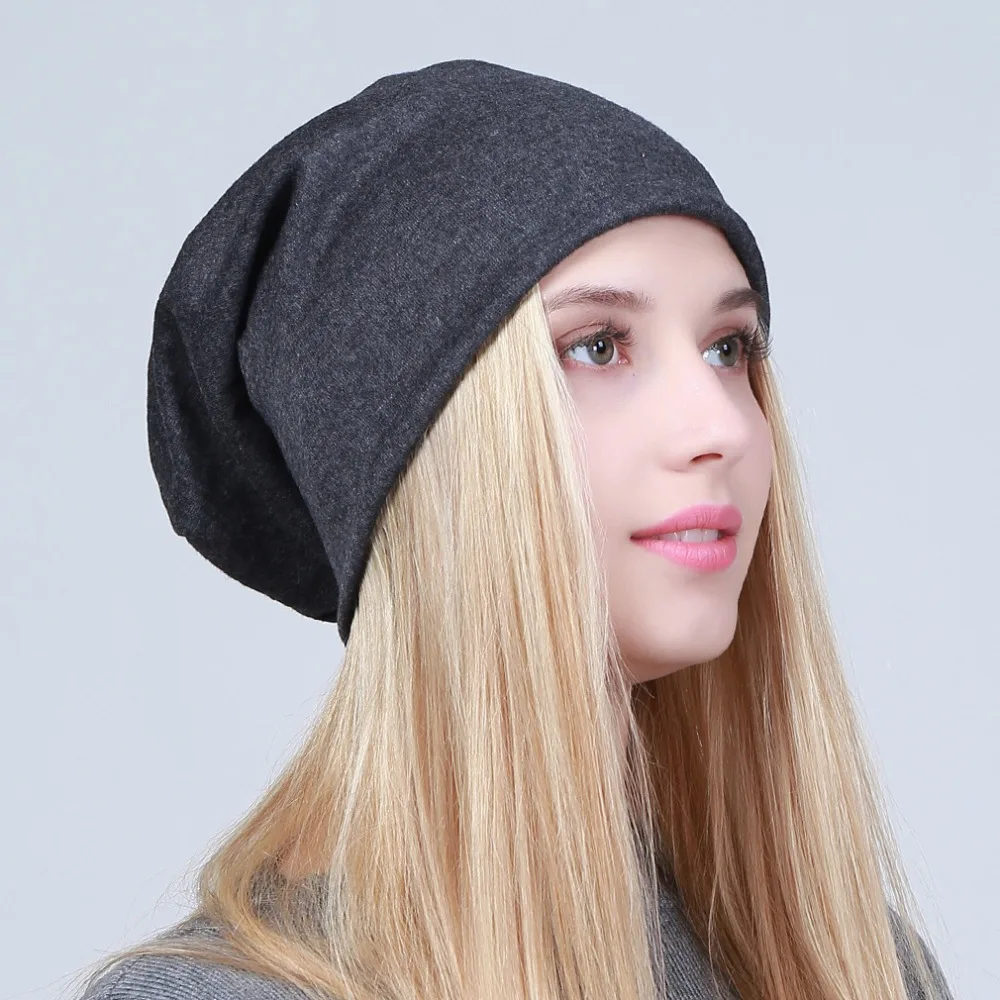 Geebro Gorro liso para mujer, gorro holgado de algodón para primavera para mujer, gorro de hueso tejido, gorro negro para mujer JS293A
