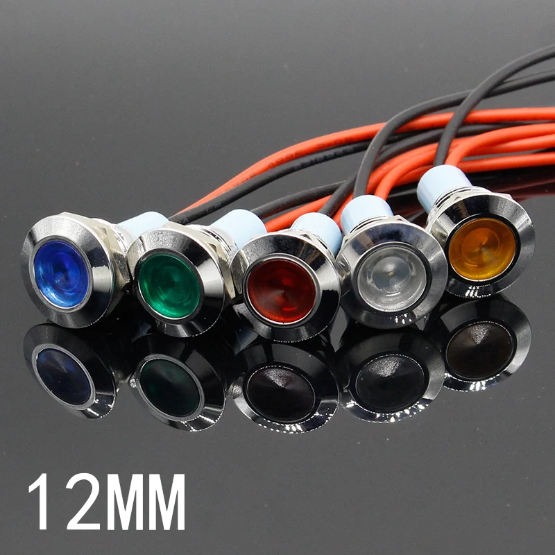 1 pièces Signal lumineux 3V 6V 12V 24V 220V 12mm indicateur circulaire plat en métal étanche avec fils rouge, jaune, bleu-vert