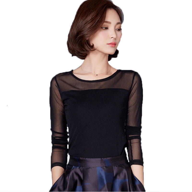 Sanishroly 2018 Summer Autumn Women Long Sleeve Blouses Thin Lace Blouse Ladies Solid Mesh Bottoming Shirt Tops Plus Size SE106