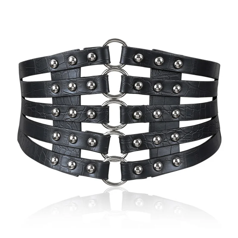 เข็มขัดคอร์เซ็ท Plus ขนาดเข็มขัดออกแบบสำหรับสุภาพสตรีกว้าง Cinturon Mujer Elastic Cummerbunds เอว Shaper Punk Rivet Ceinture ยืด