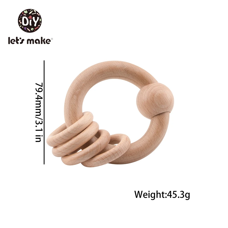 Let's make-ブナ材の歯が生えるリング,赤ちゃんのおもちゃ,ガラガラ,木製のゴム製のベッドベル,ラテックスフリー,4〜6か月の子供向けの教育用歯が生えるリング,1個