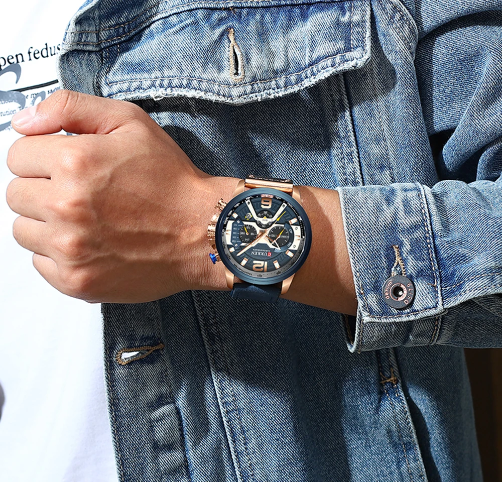 CURREN Reloj Analógico de Cuero para Hombre, Cronógrafo, Accesorio de Pulsera, Resistente al Agua, Complemento Masculino, Deportivo, Marca de Lujo, Diseño Moderno, Color Azul, 2021