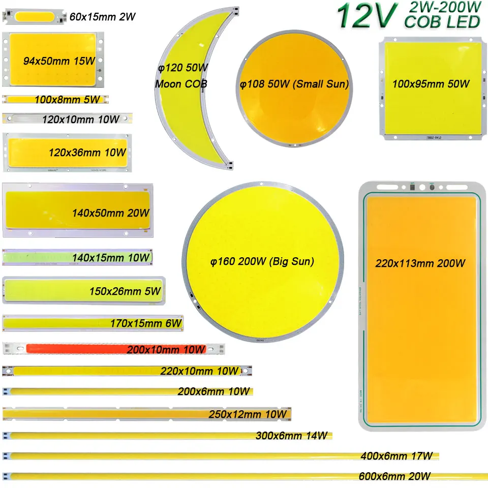 Sumbulbs 12V COB Bóng Đèn LED 2W-200W Trắng Xanh Đỏ Màu Tròn COB LED thanh Đèn Dây DC12V DIY Đèn Chip