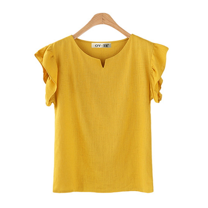 Blusas femininas de linho de algodão, tops femininos, camisas casuais de manga curta, brancas, caqui, amarelas, roupas plus size, verão