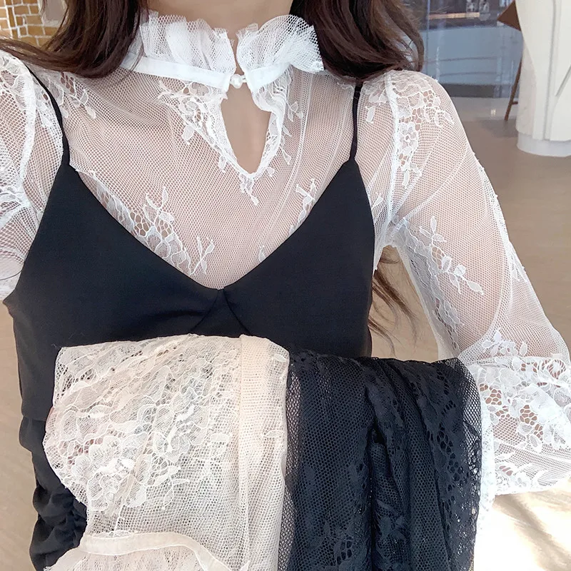 2019 ฤดูใบไม้ผลิฤดูร้อนผู้หญิง Hollow Out ตาข่ายเสื้อหวานบาง Bottoming เสื้อลูกไม้หญิง Flare แขนเสื้อเสื้อ Blusas AB1348