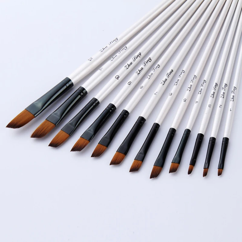 12 ชิ้น/เซ็ตไนลอนไม้ Handle สีน้ําแปรงชุดปากกาการเรียนรู้ DIY น้ํามันอะคริลิคภาพวาด Art Paint แปรงอุปกรณ์