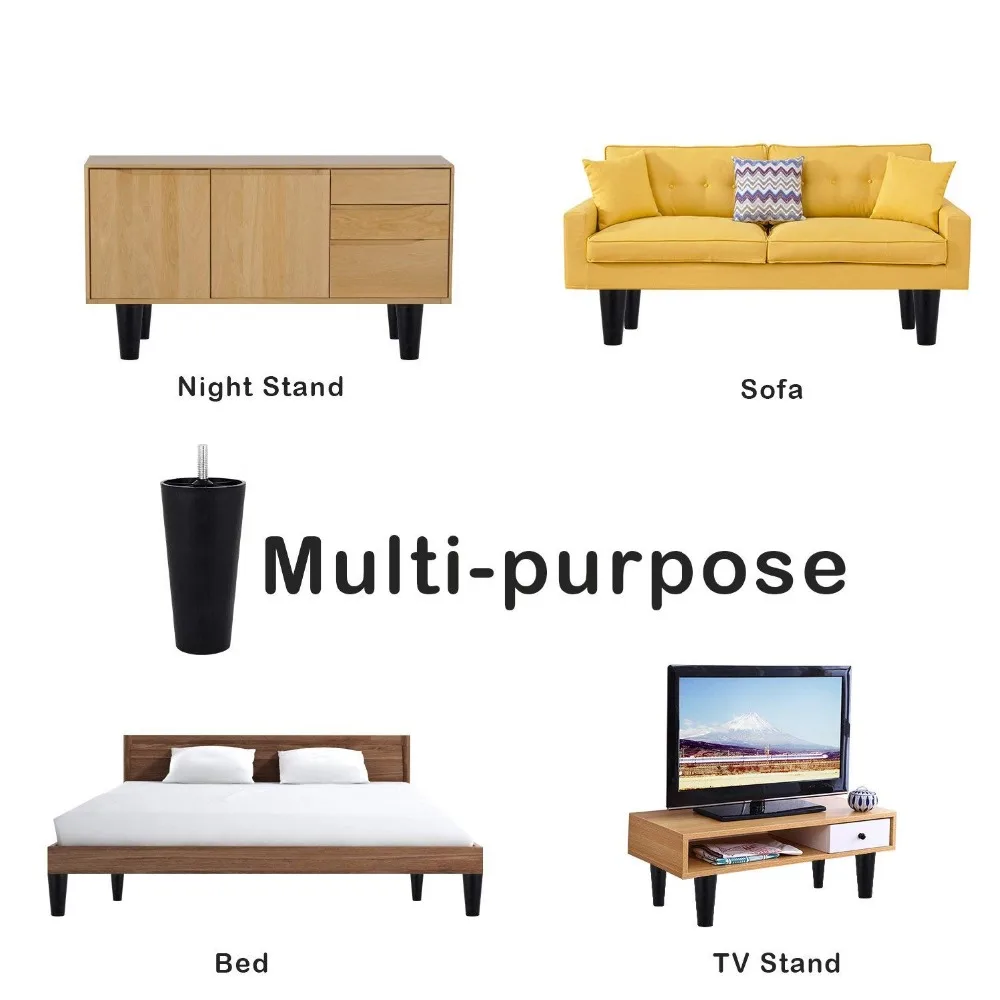 4Pcs Round Tapered Black Plastic Furniture Legs Feet with Mounting Plates M8*25 Thread Shank for Sofa and Chair  4 to12cm height