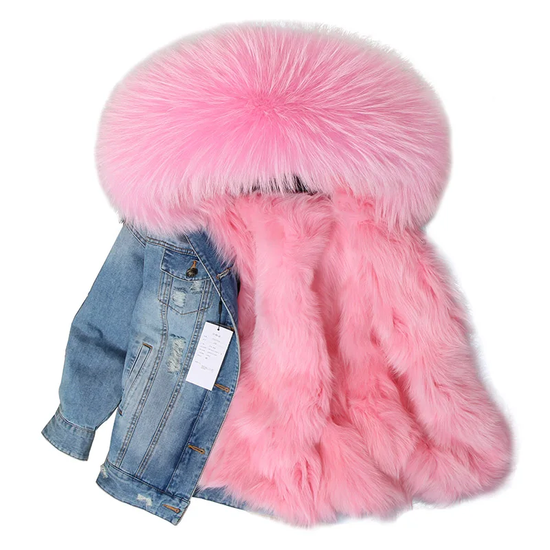 2024 Maomaokong Jeansjacke mit natürlichem Fuchspelz gefütterter Jackenmantel Damenjacke Damen Wintermäntel Damen Pelzmantel
