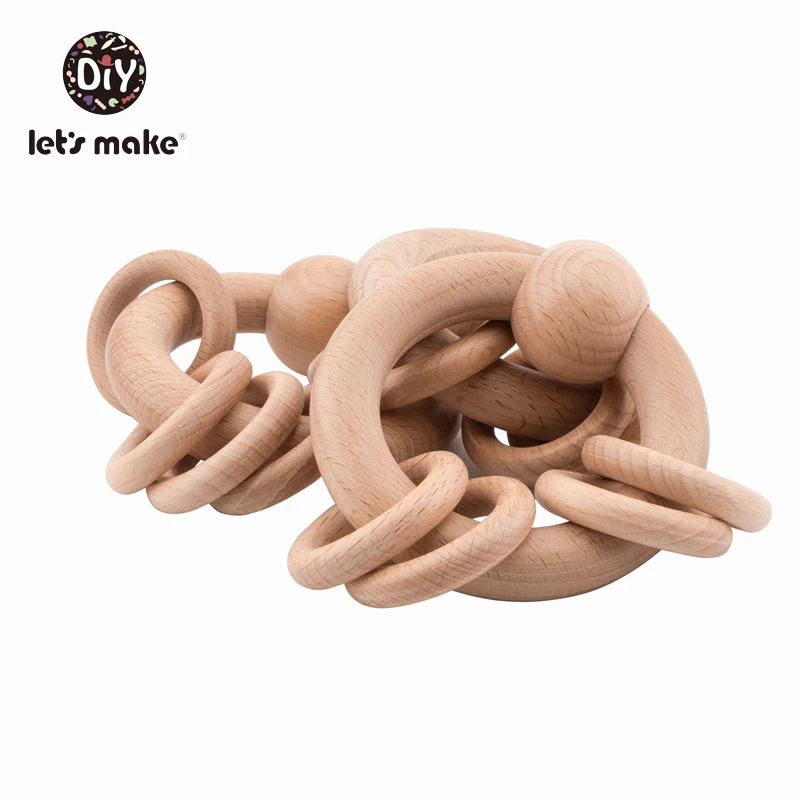 Let's make-ブナ材の歯が生えるリング,赤ちゃんのおもちゃ,ガラガラ,木製のゴム製のベッドベル,ラテックスフリー,4〜6か月の子供向けの教育用歯が生えるリング,1個