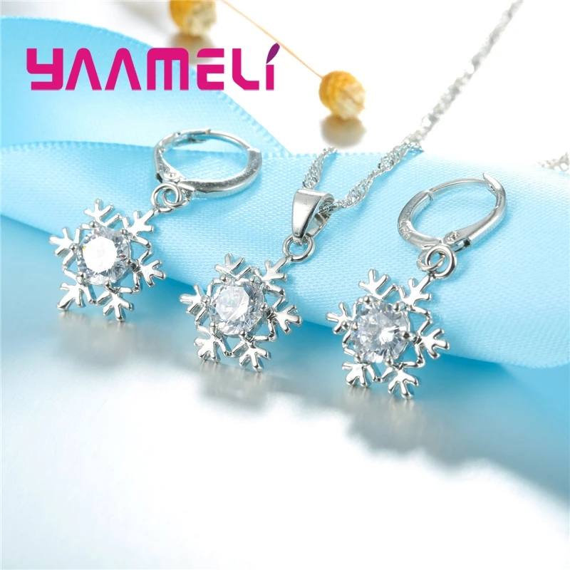 เกล็ดหิมะที่ผ่านการรับรองผู้หญิง 925 เงินสเตอร์ลิงชุดเครื่องประดับZircon CZคริสตัลจี้สร้อยคอต่างหูของขวัญParty